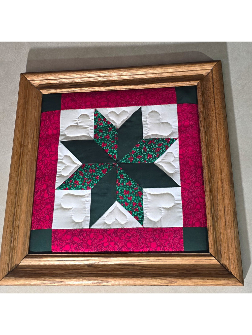 Vintage Framed Quilt Star Wall Art 18.5" Christmas Holiday Handmade Patchwork